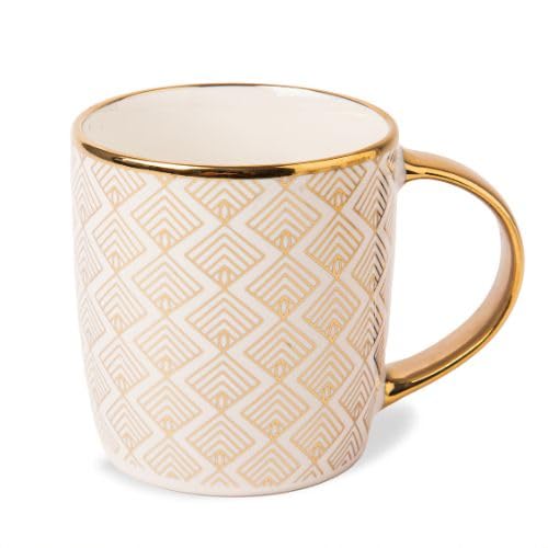 FabFinds Gold and Cream Ceramic Mug 350ml Elegant Gold Accent Coffee Cup, Assorted Modern Designs, Glossy Finish, Stylish Mug for Tea or Hot Drinks, Gift-Ready, Dishwasher Safe (Modern Grid)