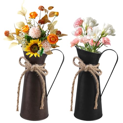 PRITOK Lot de 2 vases décoratifs vintage en métal - Vase décoratif - Seau à fleurs - Décoration de table - Pot à lait galvanisé de style rétro - Vase...