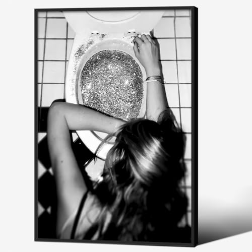 Poster noir et blanc – Décoration murale amusante pour salle de bain, adolescente, fille, salle de bain, salle de bain – 40,6 x 61 cm