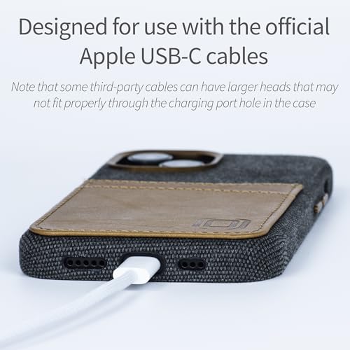 Image of Dockem Fabric Card Case for iPhone 15 with Built-in Metal Plate for Magnetic Mounting, Stitched-on Genuine Leather Wallet with 2 Credit Card /ID Slots: M2F 15 [Grey w /Light Brown]