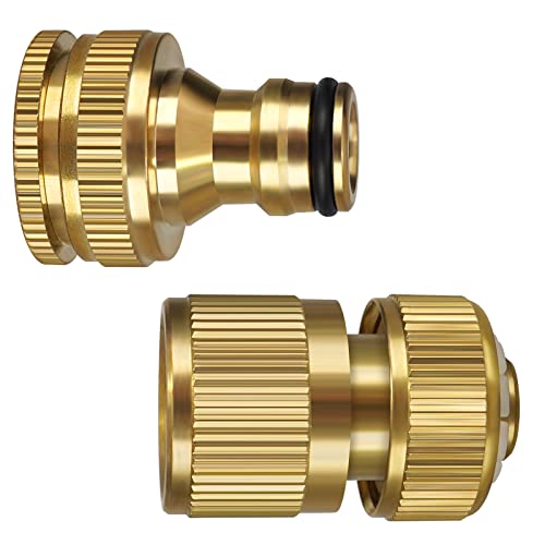 iBamso Garden Hose Connector, Solid Brass Garden Tap Connector, 1/2 Inch and 3/4 Inch 2-in-1 Faucet Connector