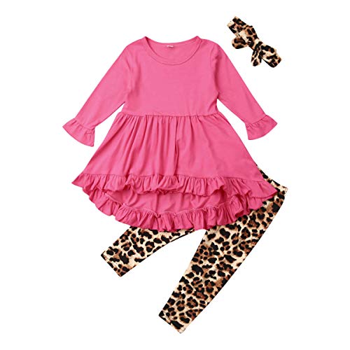Toddler Infant Baby Girls Clothes Long Sleeve Ruffle Tops Tutu Dress Leggings Pants 2Pcs Fall Winter Outfits Set (4-5T, Skirt Top Leopard Pants Three-Piece Set-Rose Red)