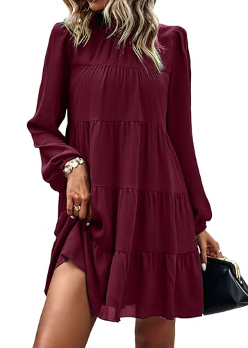 Image of KIRUNDO Women's 2026 Fall Long Sleeve Baby Doll Dresses | Ruffle Mock Neck, Tiered Flowy Swing, Mini Shift Dress, Loose Fit, Wedding Guest, Baby Shower, Summer, Autumn Winter Clothing