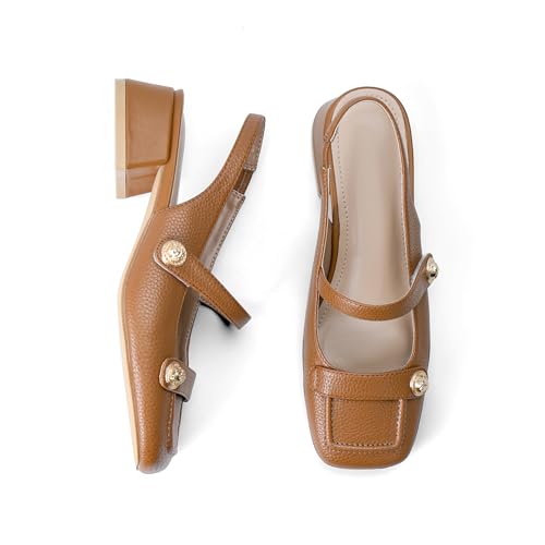 Image of Slingback Mary Jane Heels for Women Low Block Heel Closed Square Toe Pump Shoes Heels Classic Daily Office Dressy Shoes