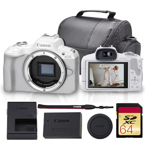 Canon EOS R50 Mirrorless Camera (White) Bundle | 24.2MP APS-C Sensor, Dual Pixel CMOS AF II & 4K Video Recording | Great for Travel & Content Creation (5812C002) + 64GB Memory Card + Camera Bag