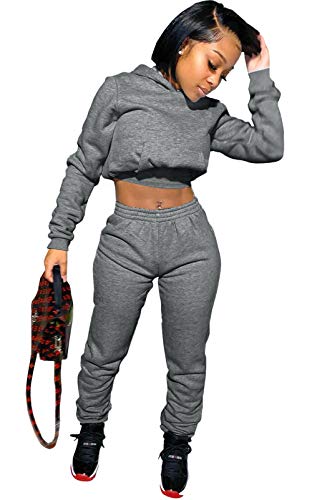 Women Sweatsuits Sets Sexy 2 Piece Jogging Suit Long Sleeve Crop Hoodie Sweatshirts Sweatpants Set Dark Grey M
