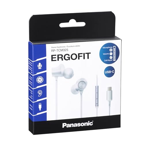 Image of Panasonic ErgoFit Wired Earbuds, in-Ear Headphones with Microphone and Call Controller, Ergonomic Custom-Fit Earpieces (S /M /L), USB-C Compatible - RP-TCM325-W- (White)