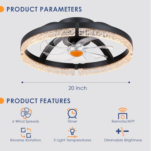 Image of Mpayel 20 inch Ceiling Fans with Lights and Remote, Modern Low Profile Fandelier Ceiling Fan with Light, Quiet DC Motor, 6 Speeds, 3CCT Dimmable Bladeless Flush Mount LED Fan Light for Bedroom