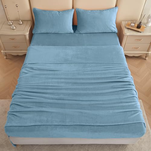 Image of Viviland Plush Micro Fleece Bed Sheet Set - Soft Fuzzy Polar Fleece Velour Velvet Sheets - Extra Warm Winter Fleece Bed Sheets with Deep Pocket - Light Blue - King | Soft Flannel-like Fleece, 100% Polyester, Fluffy Velvety Feel, 200GSM, 15 inch Deep Pocket, Warm Winter Gift & Decor
