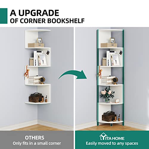 Yitahome 6-Tier Corner Shelf, 68.8" Tall Modern Free Standing Zigzag Corner Bookshelf, 6 Shelf Display Corner Bookcase Open Small Book Shelves For Living Room, Home Office, Small Space, White #TOP4