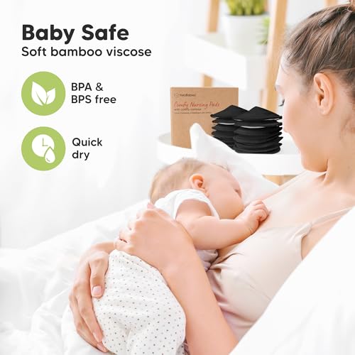 Image of Organic Nursing Pads - 14 Washable Breast Pads for Breastfeeding, Wash Bag, Viscose Derived from Bamboo Reusable Nipple Covers for Breastfeeding Essentials, Soft & Absorbent(Midnight Black, L 5 inch)