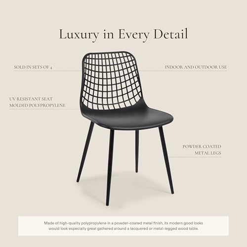 Image of Poly & BARK Marais Modern Dining Chairs Set of 4 - Mid Century Modern Plastic Dining Chair with Metal Legs - Kitchen & Dining Room Chairs - Indoor /Outdoor - Ebony Black