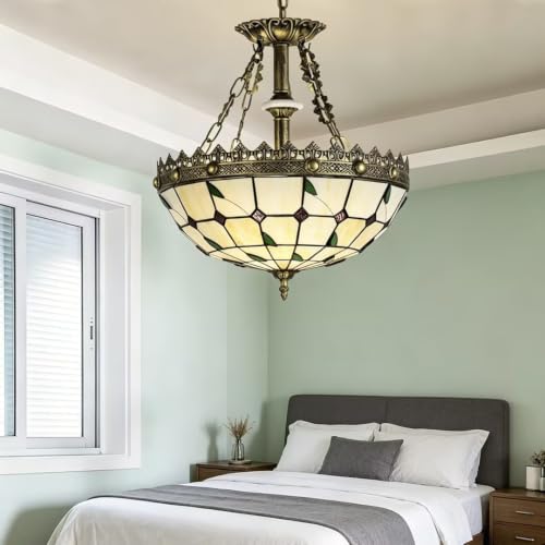 LITFAD Tiffany Style Pendant Light, Beige Stained Glass Hanging Lamp - image 3