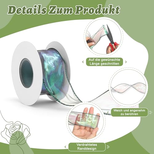 6 Rollen 40mm Geschenkband,Transparentes Schleifenband Weiß Grün Blau Hochzeit, Schillerndes Organzaband,Geschenkband Breit,Chiffonband für Geschenk Deko, Hochzeit,Seinladungen,Blumenstrauß,Basteln
