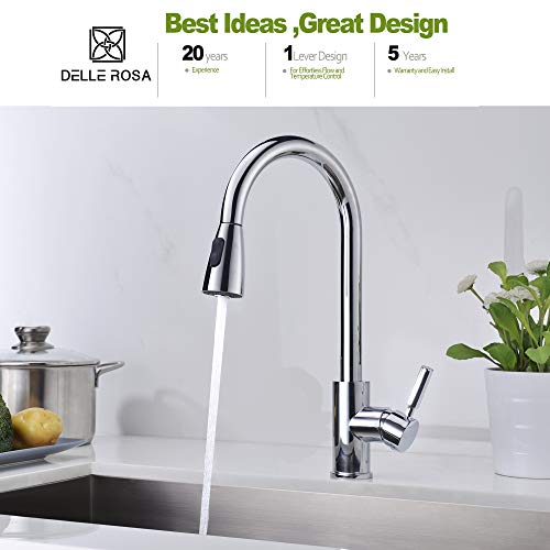 DELLE ROSA Chrome 304 Stainless Steel with Solid Brass Modern Commercial Single Handle Single Hole Pull Down Sprayer Kitchen Tap,Swivel Sprayer Mixer Tap Provided Delle Rosa (Chrome) (Chrome)