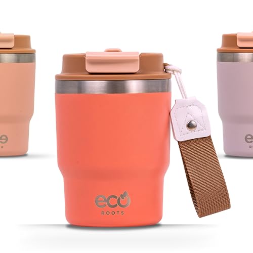 ECOROOTS Evergreen - Vaso Térmico 360 ml – Termo de Café Sostenible – Sin BPA – Acero Inoxidable y Tapa Antifugas con Pajita – Taza Café para Llevar para Oficina, Viajes, Yoga y Sports (CORAL TROPIC)