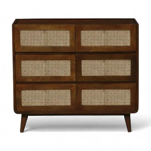 Image of Solid Wood & Cane Concerto Chest of Drawers | 6-Drawer Wooden Storage Dresser | Walnut Brown Finish