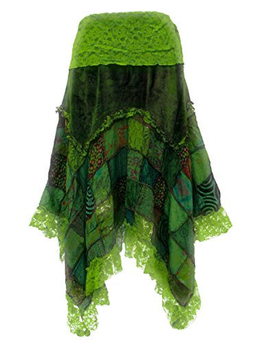 Dark Dreams Gothic Witchy Fairy Pagan Rock Zipfel Pixie Elfe Skirt Samt Spitze Patchwork Ethno Zahide 38 40 42 44 46 48 50, Farbe:grün, Größe:XXL - 2