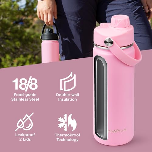 Image of ThermoProof Insulated Water Bottle - Stainless Steel, Wide Mouth, Flip & Spout Lids, Leakproof, Dishwasher Safe, Reusable - Keeps Drinks Hot or Cold - for Adults & Kids - 18oz, Pink