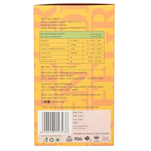 Greenbrrew Healthy 100% Natural Lemon Instant Unroasted Green Coffee Beans Extract - Each Pack 60g (20 Sachets PP) - Pack of 1