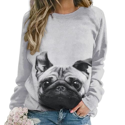 JZemdybill Lässiger Pullover für Damen, niedliches Mops-Sweatshirt für Damen, Rundhalsausschnitt, lange Ärmel, niedlicher Mops, Süßer Mops., 50