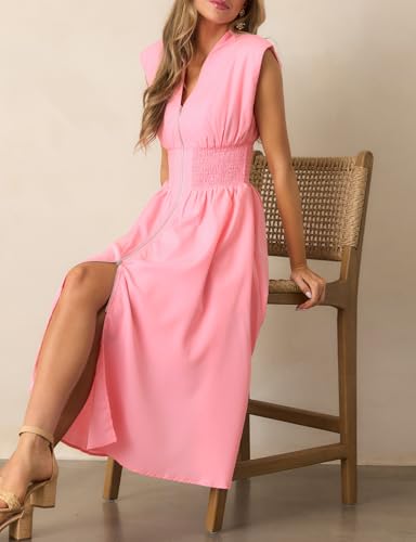 Image of FANCYINN Summer Casual Womens Maxi Dress Sleeveless V Neck Waist Aline Front Zipper High Slit Flowy Long Dress Pockets