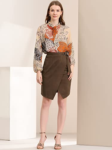 Allegra K Women's Faux Suede Skirt 2023 Fall Front Slit Faux Wrap Knee Length Pencil Skirts3