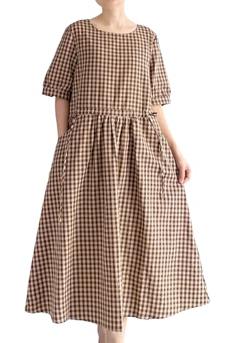 Minibee Women's Cotton Linen Dress Summer Short Sleeve Casual Plaid Flowy A-Line Midi Dresses with Pockets
