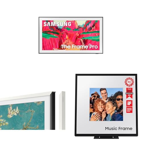 Image of Samsung 85 inch The Frame Pro 4K Neo QLED Smart TV (2025) + 55 inch White Modern Bezel (2021) + LS60D Music Frame Smart Speaker Bundle
