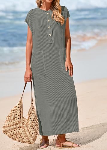 Image of KIRUNDO Womens Summer Ribbed Knit Short Sleeve Maxi Dress | 2026 Spring Henley Button Up Knitted Tshirt Dress, Loose Beach Vacation Sundress, Teacher Dress, Loose Fit Nursing Friendly