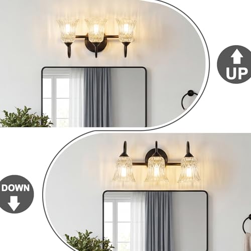 Image of Vintage Bathroom Vanity Light Fixtures, 3-Light Black Vanity Lighting Fixture with Flower Glass Shade, 18.9 Inch Bathroom Lighting Fixtures Over Mirror, Living Room, Dressing Table