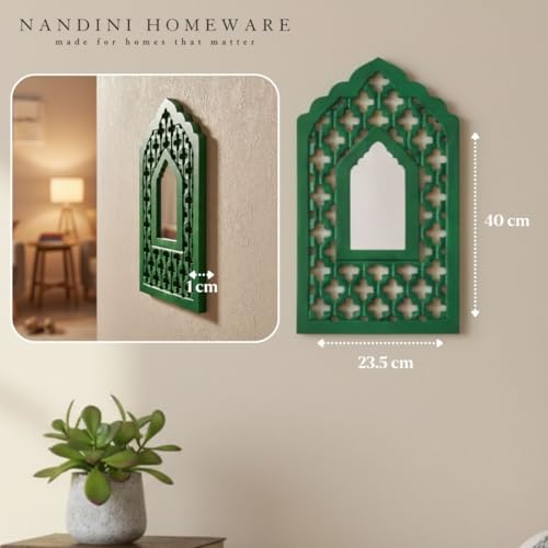 Image of Handcrafted Traditional Green Mughal MDF Wooden Mirror Jharokha Wall Art | Mughal-Inspired Boho Vintage Style Decorative Wall Hanging for Living Room & Home Interiors (Green Mughal)