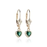 14k Yellow Gold Lever back Earring with Heart Shape CZ Colored Stone (Green) -  Quality Jewels