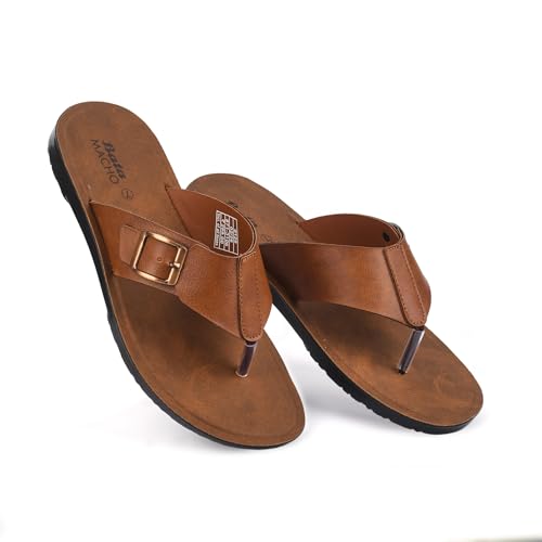 Bata Macho Men’s Black Leather Flip‑Flops – 80 % OFF, Premium Buckle Detail, Brown Footbed