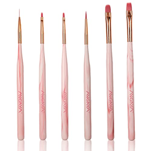 ANGNYA 6Pcs Nail Art Brushes Set Gel Nail Polish Design Pen Painting Tools With Nail Extension Gel Brushs,Builder Gel Brush,Nail Art Liner Brush for Salon at Home DIY Manicure(Pink)