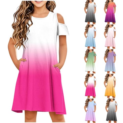 Girl's Cold Shoulder Gradient Flowy Casual Dress Summer Boho Loose A-Line Swing Midi Dresses with Pockets for 3-14 Years2