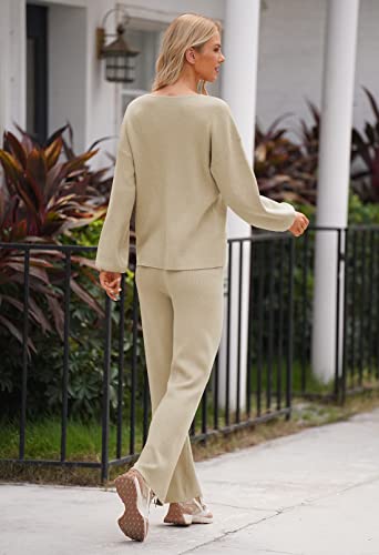 Linsery Womens Tracksuit Rib Knitted Deep V Neck Wide Leg Pants Set 2 Pieces Sweatsuit Leisure Wear Apricot Large #TOP6