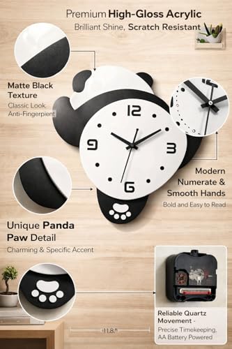 Image of cozyloom Cute Panda Wall Clock for Kids, Fun Animal-Shaped Decorative Clock for Nursery, Playroom, and Children's Bedroom | Modern Home Decor Wall Clock