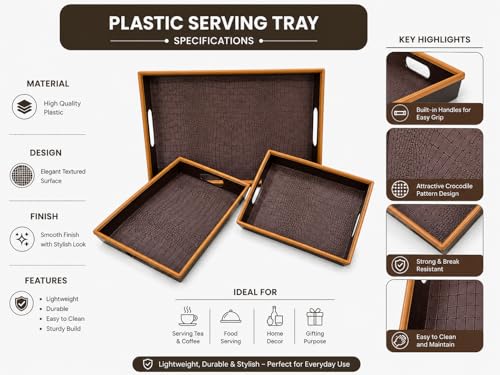 Image of KITCHIVO 3 Pcs Plastic Serving Tray Set with Handle | Multipurpose Tea Snacks Breakfast Tray | Floral Printed Rectangular Serving Trays for Kitchen & Home (Dark Chocolate)