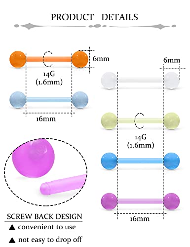 Oufksiyy 14G 16Mm 14Mm Glow In Dark Flexible Acrylic Straight Tongue Rings Plastic Nipple Ring Retainer Body Piercing Jewelry For Women Men 24Pcs(12Pairs 14 Gauge Piercings #TOP2