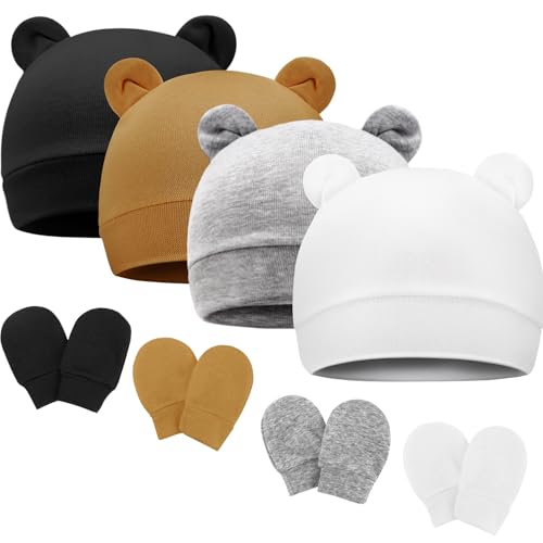 Image of BQUBO Newborn Baby Bear Ears Hats and Mittens Sets Preemie Cotton Caps Baby Boy Girl Infant Hospital Beanie