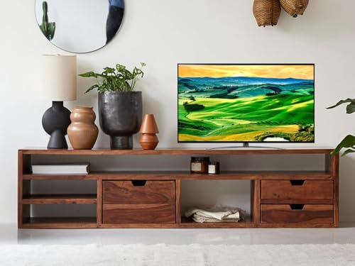 Image of Solid Wood TV Unit for Living Room 55 Inch Furniture - Wooden TV Unit with Storage Cabinet with 3 Drawr, 4 Open Shelves Wooden TV Cabinet for Living Room - Fits up to 55-Inch TV (Emmett)