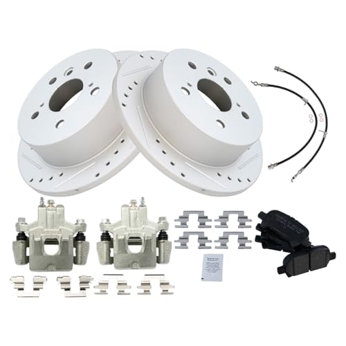 Image of TRQ Performance Rear Brake Pad and Rotor Set Ceramic Slotted Drilled Calipers Compatible with 2006-2007 Toyota Avalon 2006-2008 Solara
