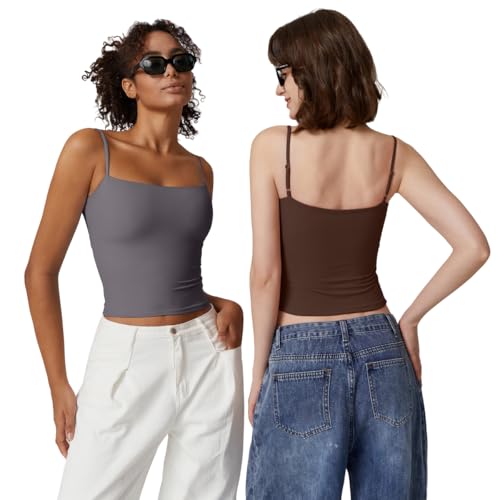 Image of QINSEN Women's Double Lined Basic Tank Top Adjustable Spaghetti Straps Sleeveless Camisole Shirts