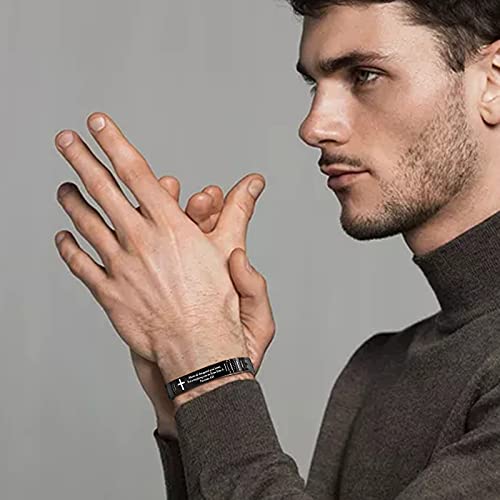 Mealguet Be Strong And Courageous Engraved Stainless Steel Christian Bible Verse Cross Carbon Fiber Link Bracelet For Men Boy #TOP5