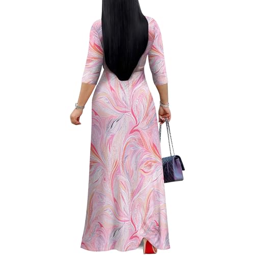 Image of PinkPatty Plus Size Maxi Dress for Women Casual V Neck 3 /4 Sleeve Boho Printed Long Dress with Pockets