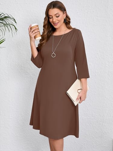 Image of AusLook Women's Plus Midi Dresses Crew Neck A Line 3 /4 Sleeves Casual Elegant Loose Wedding Vacation Dress with Pockets