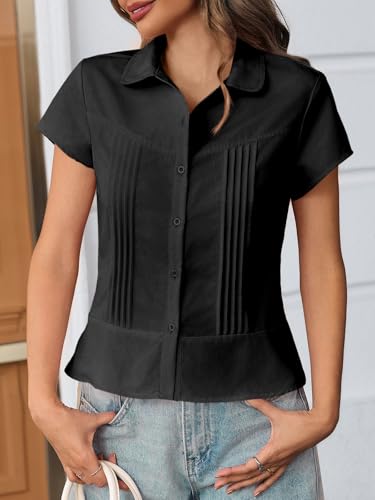 Cicy Bell Womens Short Sleeve Button Down Shirts Pleated Slim Fit Summer Dressy Casual Blouses2