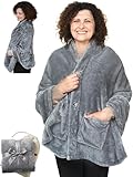 EzrAllora Fleece Poncho Blanket - Drape&Go No Sleeves- Lightweight Wrap Shawl - Wearable Blanket - Easy On Easy Off (Fleece - Silver Grey)