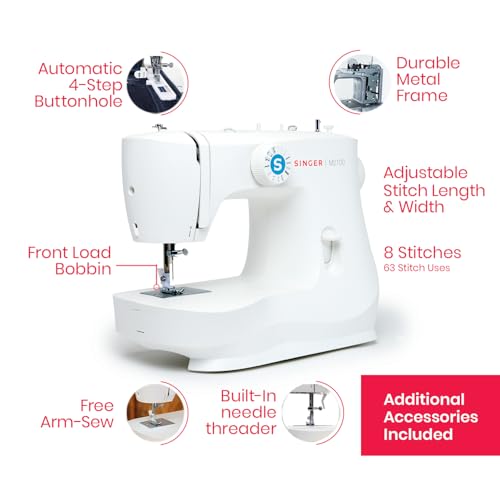 Image of SINGER M2100 8 Built Stitch Selection-Perfect for Beginners Made Easy Sewing Machine, White | 8 Built-in Stitches, 4-Step Buttonhole, Front-Load Bobbin, LED Light, Accessory Kit Included